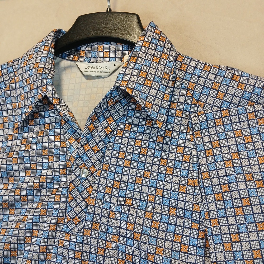 Vintage Lilly Dache Large Mens Polo Shirt 70s Butterfly Dagger 22x27 Geometric